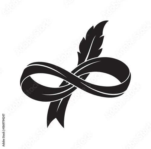 Creative infinity symbol with feather quill for writing concept silhouette vector illustration and poetic literature soul logo design element