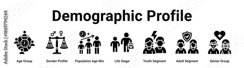 Demographic Profile web banner icon vector illustration concept for business with icon of Age Group, Gender Profile, Population Age Mix, Life Stage, Youth Segment, Adult Segment.