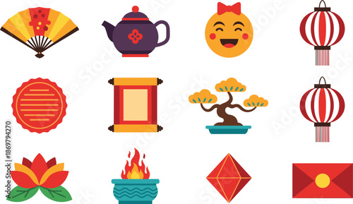 Chinese festival icon set illustration isolated on white background, traditional symbols, lanterns, tea, scrolls and decorations for cultural celebration design