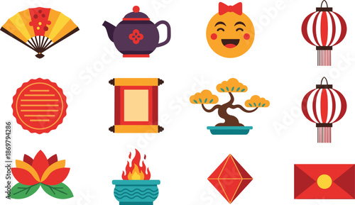 Chinese festival icon set illustration isolated on white background, traditional symbols, lanterns, tea, scrolls and decorations for cultural celebration design