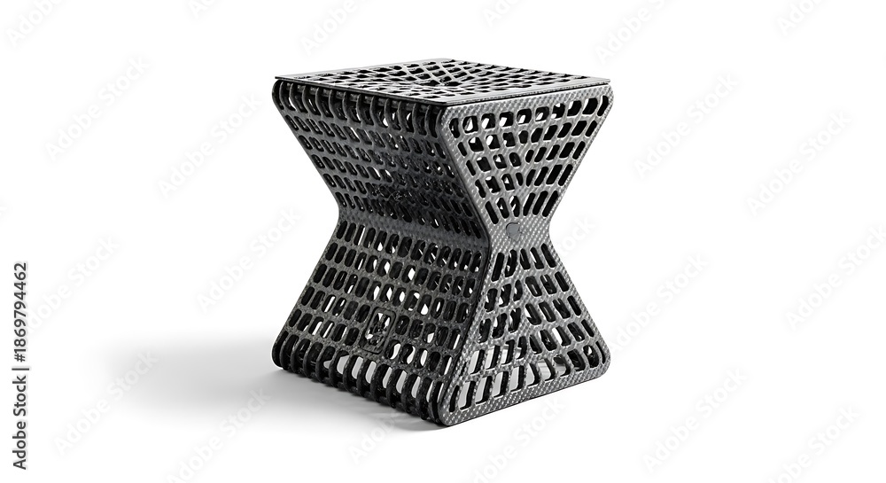 Obraz premium Dark gray geometric lattice stool with hourglass shape and white background furniture seating