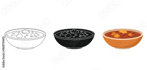 Bowls of Soup Vector Set in Three Styles — Line Art, Silhouette and Color Version for Islamic Design, App UI, Posters and Branding