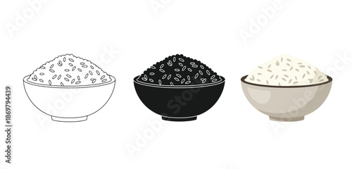 Bowls of Rice Vector Set in Three Styles — Line Art, Silhouette and Color Version for Islamic Design, App UI, Posters and Branding	