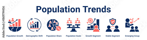 Population Trends web banner icon vector illustration concept for business with icon of Population Growth, Demographic Shift, Population Share, Population Scale, Growth Segment, Stable Segment.
