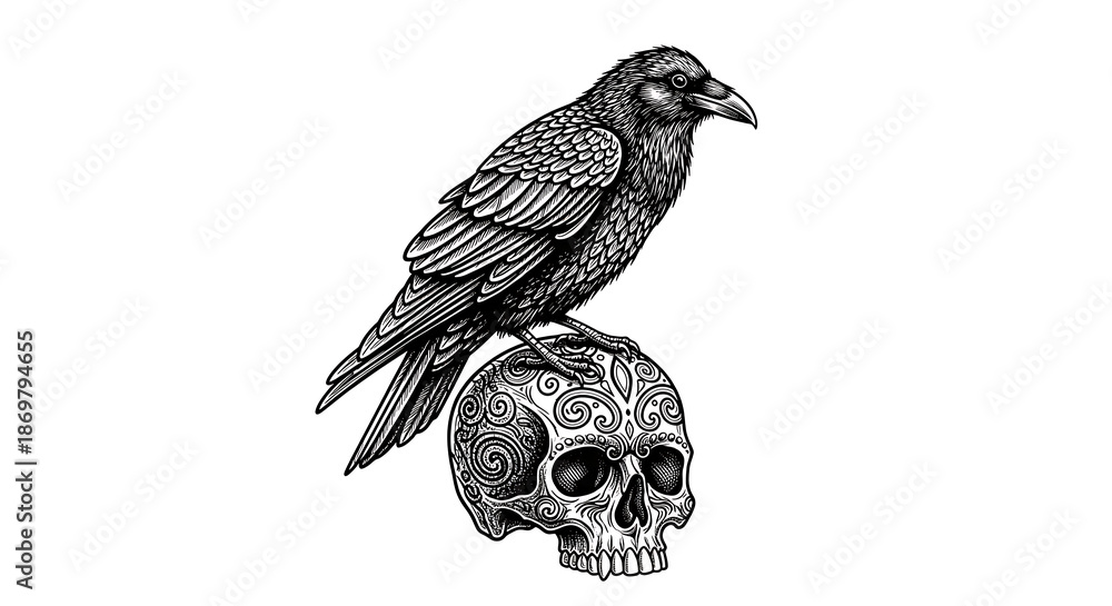 Obraz premium Intricate Black and White Illustration of a Raven Perched on a Decorated Sugar Skull