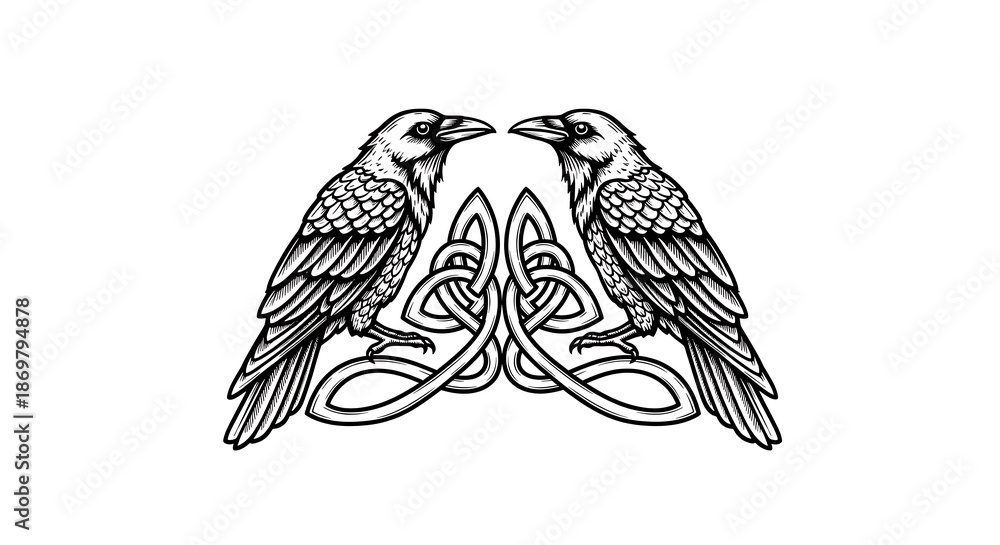 Fototapeta premium Striking Black and White Illustration of Two Ravens with an Intricate Celtic Knot Design Symbolizing Unity