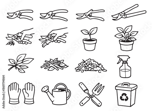 Hand drawn line art gardening set featuring pruning shears, potted plants, and gloves for garden care