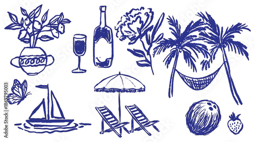 Italian Amalfi and Sicily vacation hand drawn vector illustrations in grunge rough doodle sketch style, lemon and palm tree chalk charcoal drawings for travel poster, placard and wall print