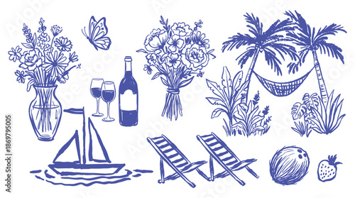 Italian Amalfi and Sicily vacation hand drawn vector illustrations in grunge rough doodle sketch style, lemon and palm tree chalk charcoal drawings for travel poster, placard and wall print