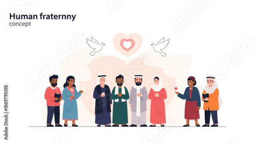 Diverse group of people from different cultures standing together in unity and harmony with a heart