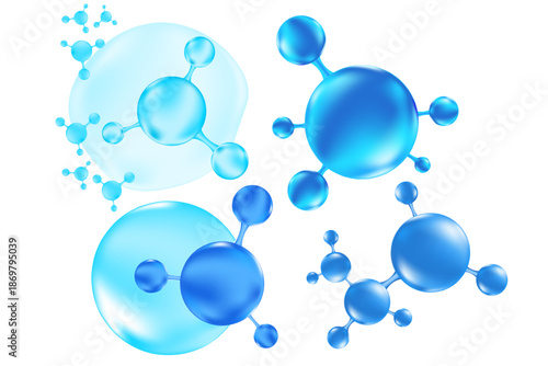 Blue 3D water hyaluronic acid molecule icon isolated, transparent PNG. Liquid collagen serum formula. Cosmetic moisturizer product. Beauty science molecular concept
