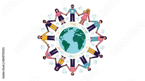 Diverse group of people holding hands around the earth globe with eco friendly icons