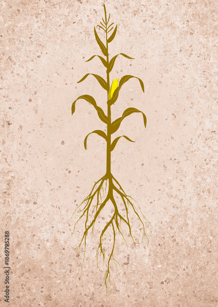 Fototapeta premium A stalk of corn, complete with roots and an ear of corn is seen in an illustration.