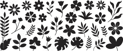 Floral silhouette elements collection illustration isolated on white background, black flowers leaves botanical shapes for decoration, pattern, branding, design use