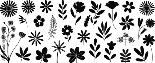 Floral silhouette elements collection illustration isolated on white background, black flowers leaves botanical shapes for decoration, pattern, branding and design use