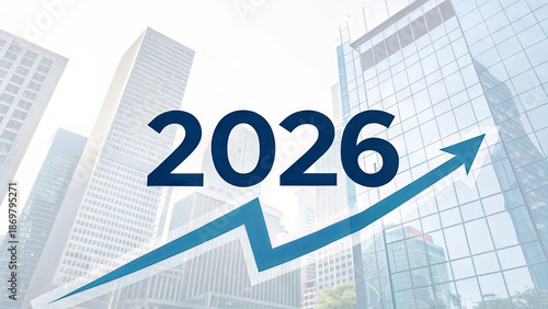 2026 Business Growth Concept With Upward Arrow And Modern City Background, Future Finance Strategy, Corporate Forecast, Investment Planning, Economic Success, Company Vision, Copy Space