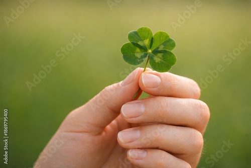 St Patrick's Day woman hand holding four leaf lucky clover on green background