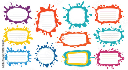 A colorful set of kids' name tags and labels with lined space for writing, designed with fun, bright paint splatters and splashes.