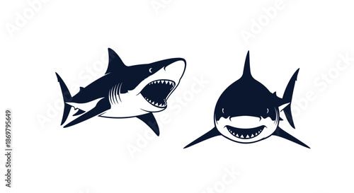 A powerful and aggressive shark mascot design shown from two angles, one side view and one front view with an open, toothy mouth.