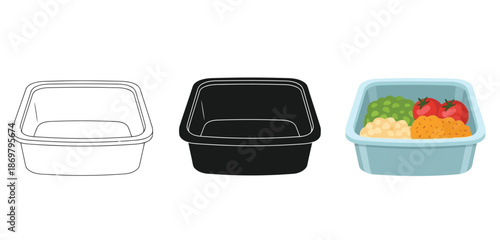Plastic food containers Vector Set in Three Styles — Line Art, Silhouette and Color Version for Islamic Design, App UI, Posters and Branding	