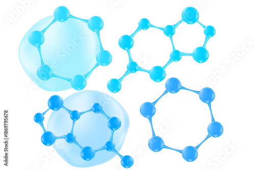 Blue 3D water hyaluronic acid molecule icon isolated, transparent PNG. Liquid collagen serum formula. Cosmetic moisturizer product. Beauty science molecular concept