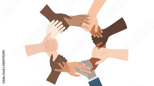 Diverse hands joining together in a circle symbolizing unity and teamwork with diversity