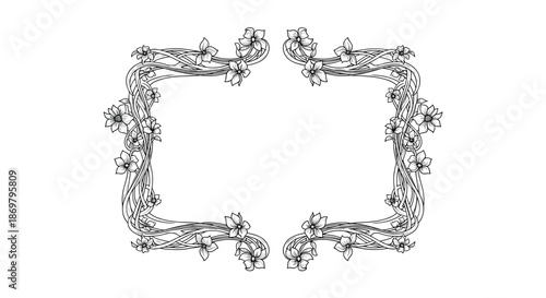 An elegant and intricate black and white rectangular frame made of intertwined narcissus flowers and vines in a classic art nouveau style.