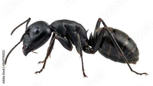 Detailed side view macro shot of a large, glossy black ant (likely a carpenter ant species) isolated against a clean white background, showcasing its segmented body and antennae.