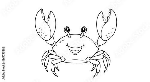 A simple and happy black and white cartoon crab character with big claws raised, designed as a fun coloring page for young children.