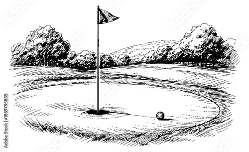 Hand drawn illustration of a golf course scene depicting a flag and golf ball on the green for sports and recreation