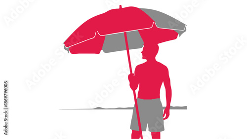 A person standing under a colorful umbrella on a sunny day outdoors