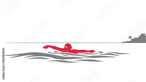 A red swimmer in a swimming pool with a scenic view