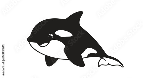 A cute and simple black and white illustration of a baby orca or killer whale, perfect for a logo, icon, or coloring page.