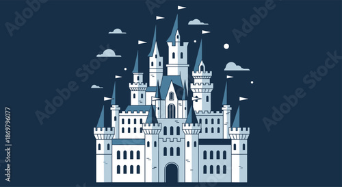 A majestic fairytale castle with numerous towers and flags, illustrated in a cool blue and white color palette against a dark background.