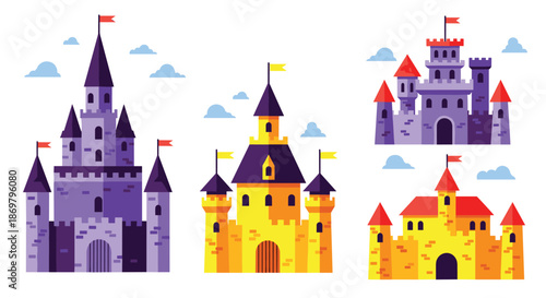 A collection of three colorful cartoon fairytale castles with towers, turrets, and flags, illustrated in a vibrant flat design style.