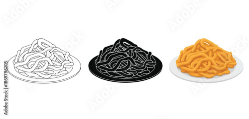 Iftar Plates of Pasta Vector Set in Three Styles — Line Art, Silhouette and Color Version for Islamic Design, App UI, Posters and Branding	