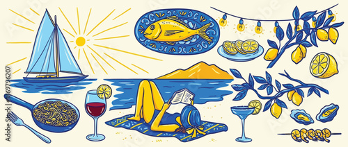 Italian Amalfi summer vacation doodle style illustration with hand drawn ink vector of Italy coast, sea, lemons, wine and food elements, seaside weekend rest artwork for poster, menu, placard and prin