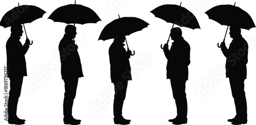 Umbrella silhouette illustration, people standing in row, side view pose, black icon, vector art, weather scene, symmetry design, outdoor gesture
