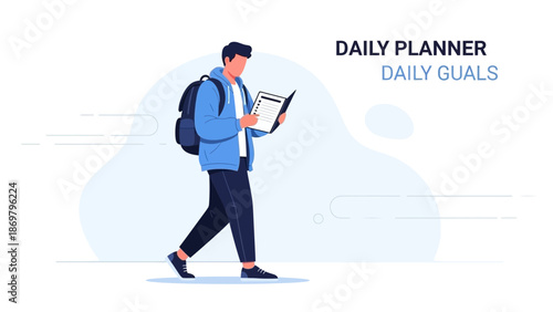 Man with backpack checking daily planner and goals, planning his day