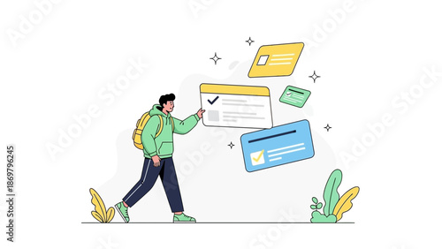 Man with Backpack Interacting with Floating Information Cards, Task Management Concept