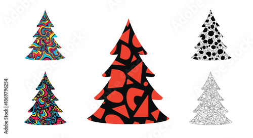 A creative set of five Christmas tree silhouettes filled with various modern and abstract patterns, including marble, geometric, and doodle designs.