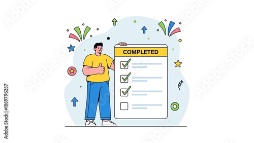 Man with Completed Checklist and Thumbs Up, Celebration, Success, Task Management