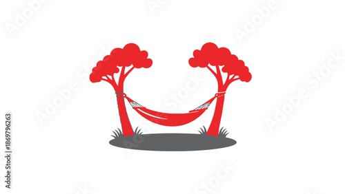 Red hammock between two trees on grassy area outdoors