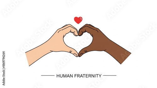 Diverse hands forming heart shape with red heart symbol representing human fraternity and love