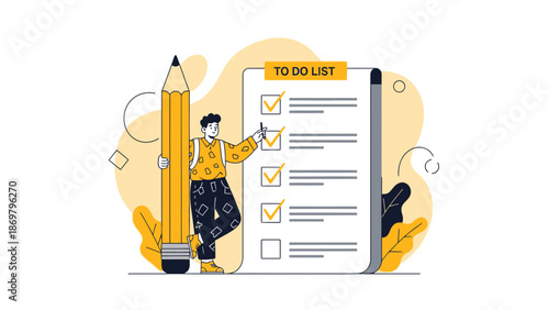 Man with Giant Pencil Completing To-Do List with Checkmarks - Vector Illustration