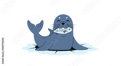 A cute and happy cartoon seal holding a freshly caught fish in its mouth while sitting on a small piece of ice.