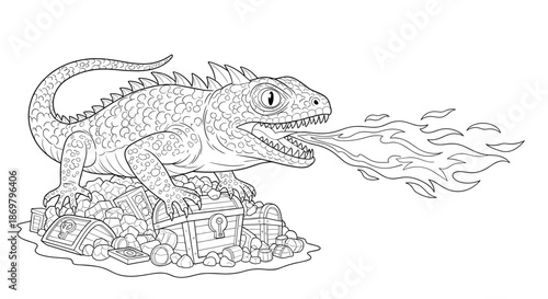 A detailed black and white coloring page of a mythical dragon or lizard breathing fire while guarding a treasure chest full of gold.