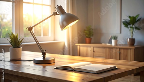 Desk lamp on wooden table indoors.