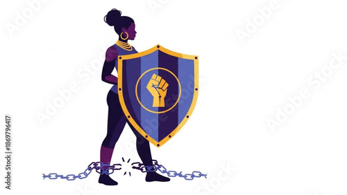 Empowered woman breaking free from chains with shield and raised fist symbolizing strength and resistance