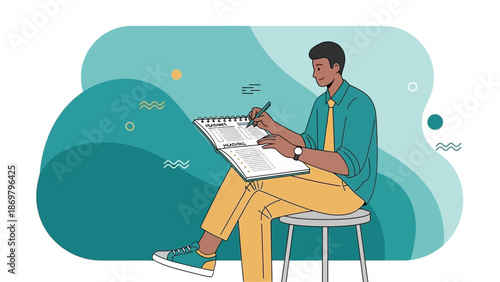 Man Writing in Notebook on Abstract Background, Planning and Creativity